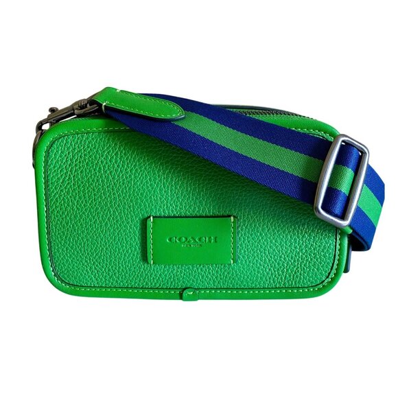 Coach Wyatt Green Pebbled Leather Camera Crossbody Bag | Dual Zip Striped Strap - Picture 1 of 10